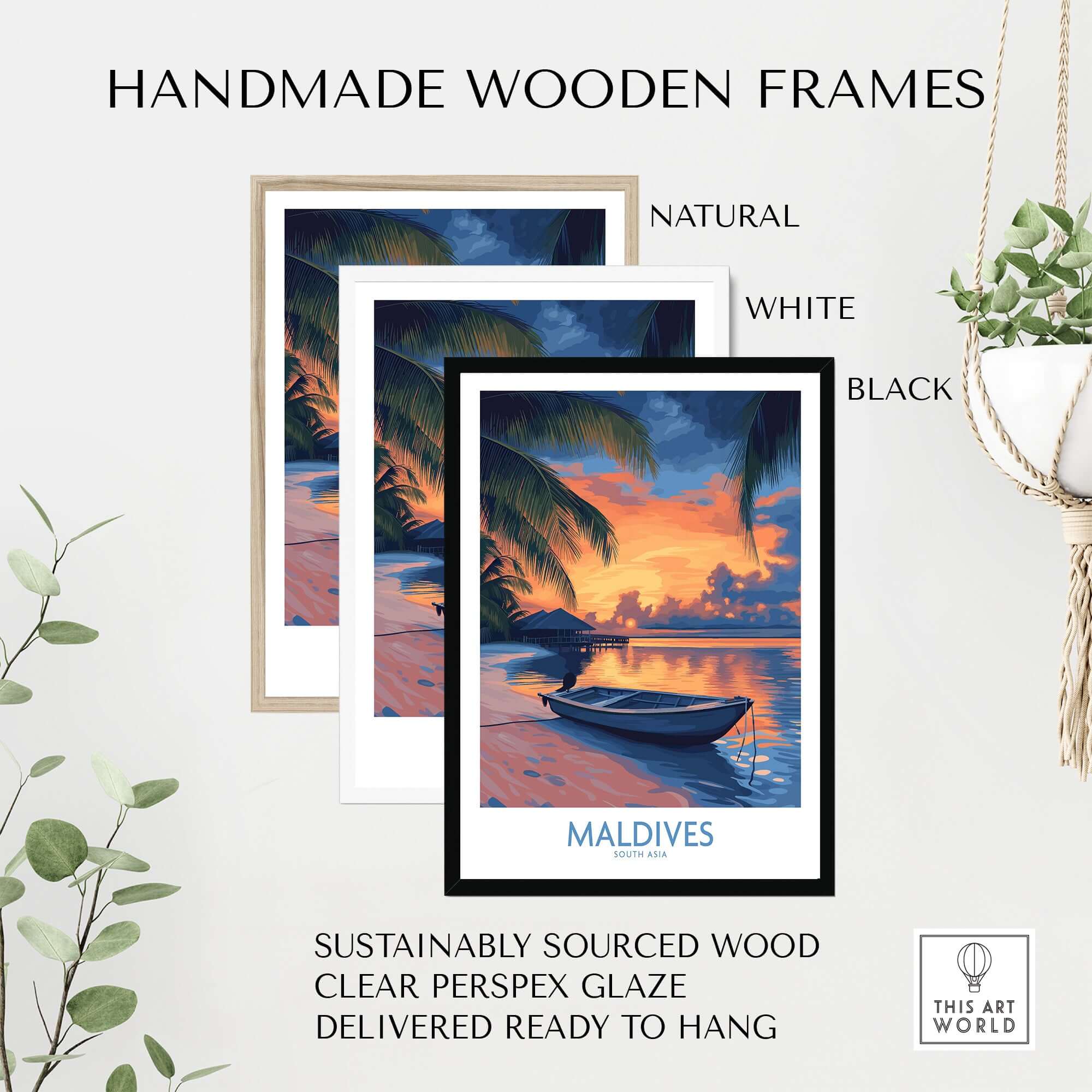 Maldives Wall Art Print - Sunset displayed in three handmade wooden frames: natural, white, and black, showcasing tropical beauty.