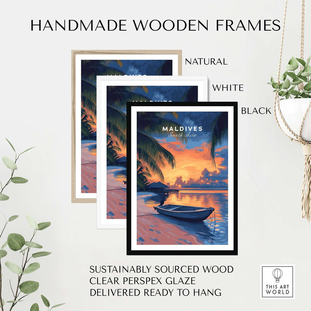 Maldives Travel Print - Sunset displayed in handmade wooden frames in natural, white, and black colors.