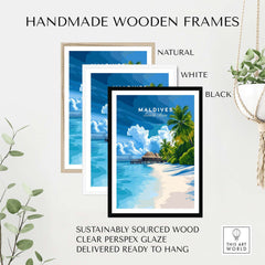 Handmade wooden frames showcasing the Maldives Print - Tropical Beach in natural, white, and black colors.