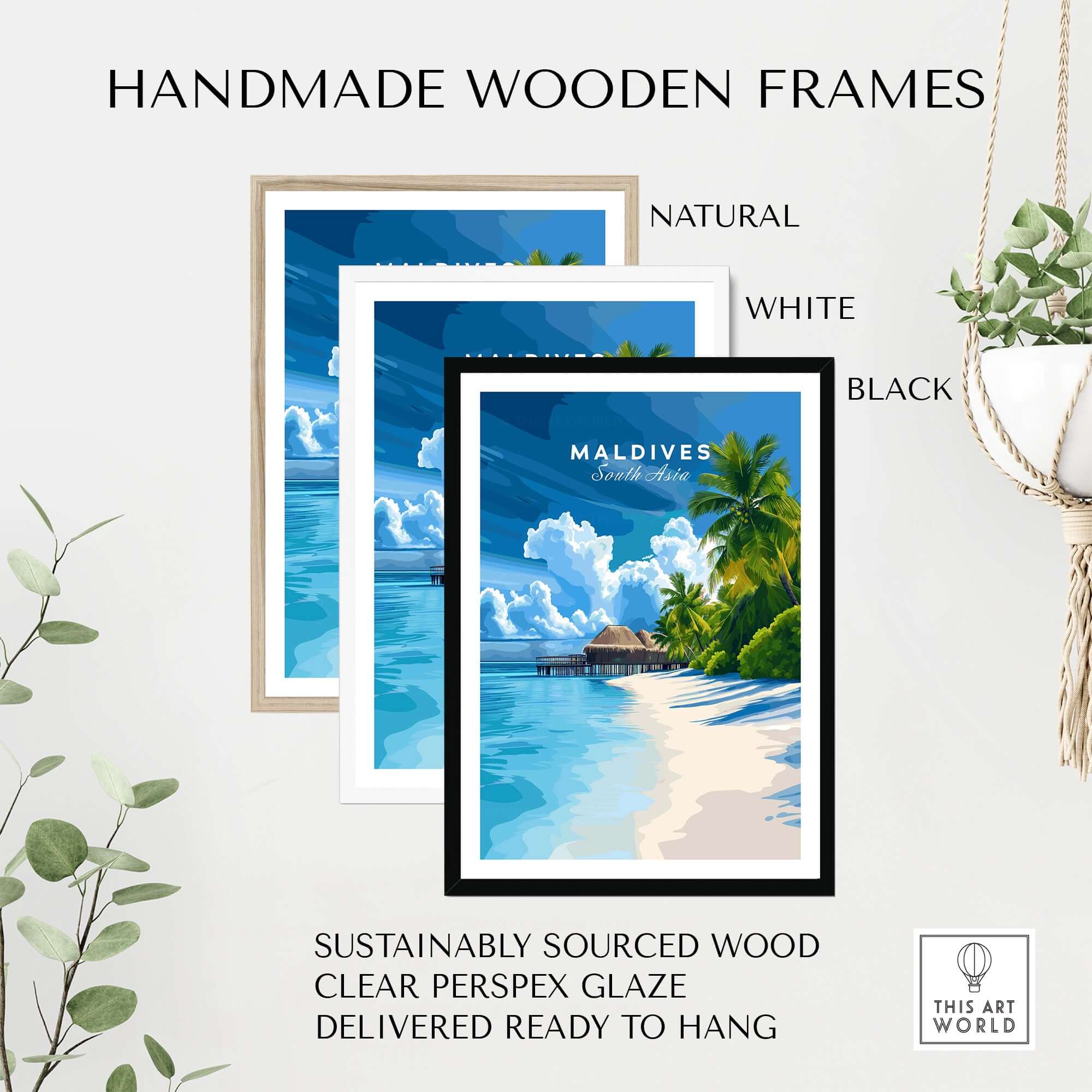 Handmade wooden frames showcasing the Maldives Print - Tropical Beach in natural, white, and black colors.