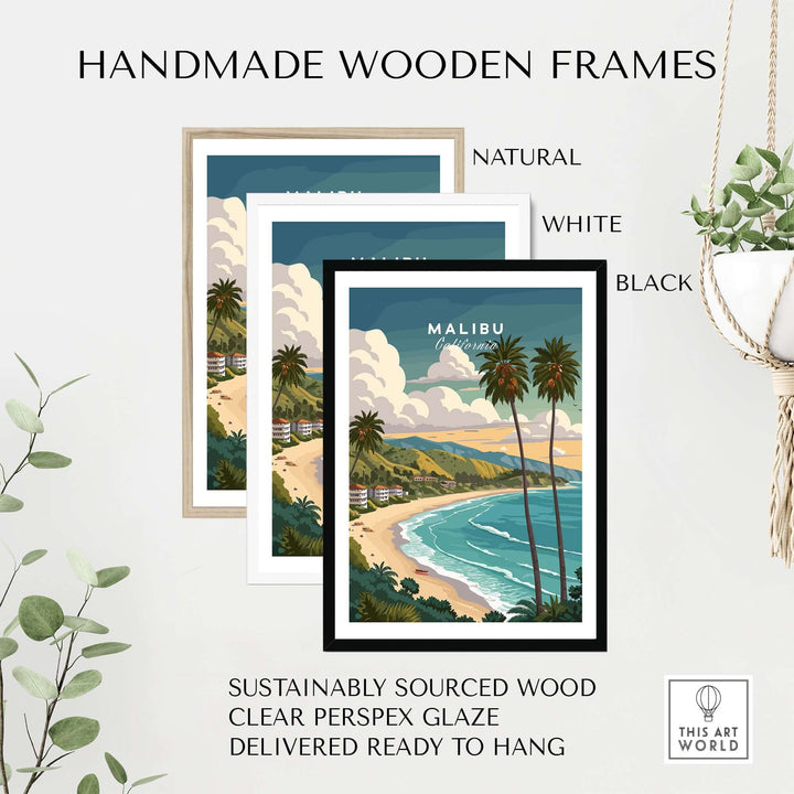 Handmade wooden frames in natural, white, and black for Malibu California beach print, ready to hang.