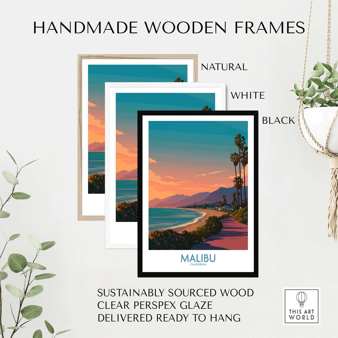 Handmade wooden frames in natural, white, and black, with vibrant Malibu sunset print, ready to hang.