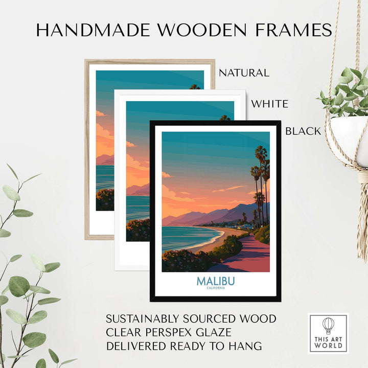 Handmade wooden frames in natural, white, and black, with vibrant Malibu sunset print, ready to hang.