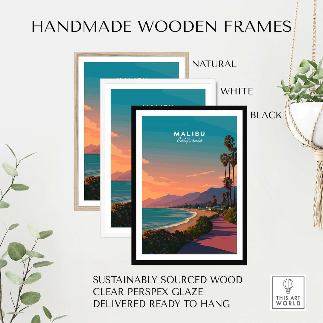 Handmade wooden frames in natural, white, and black for Malibu beach sunset print, sustainably sourced and ready to hang.
