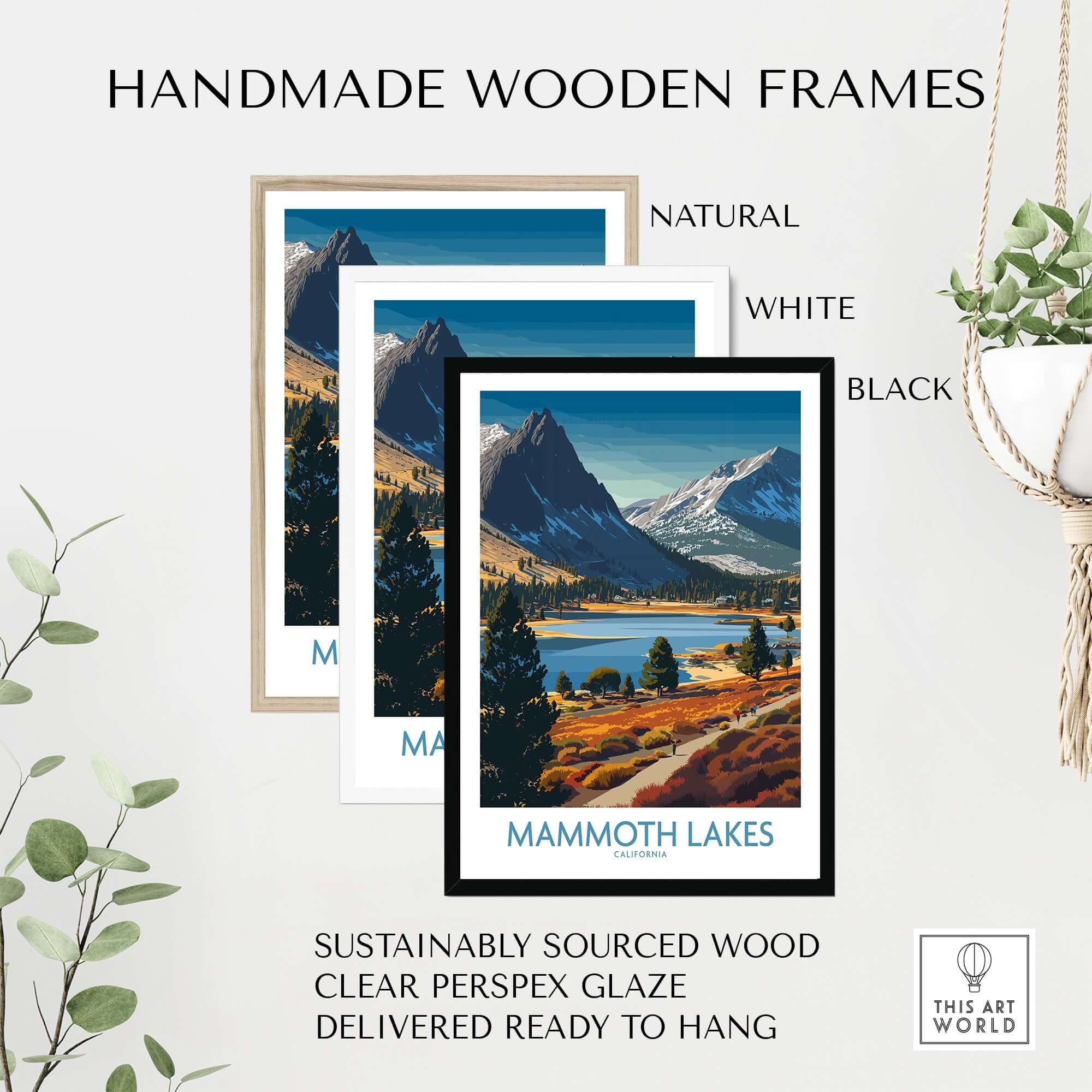 Mammoth Lakes California Wall Art - Eastern Sierra Travel Print in handmade wooden frames of natural, white, and black styles.