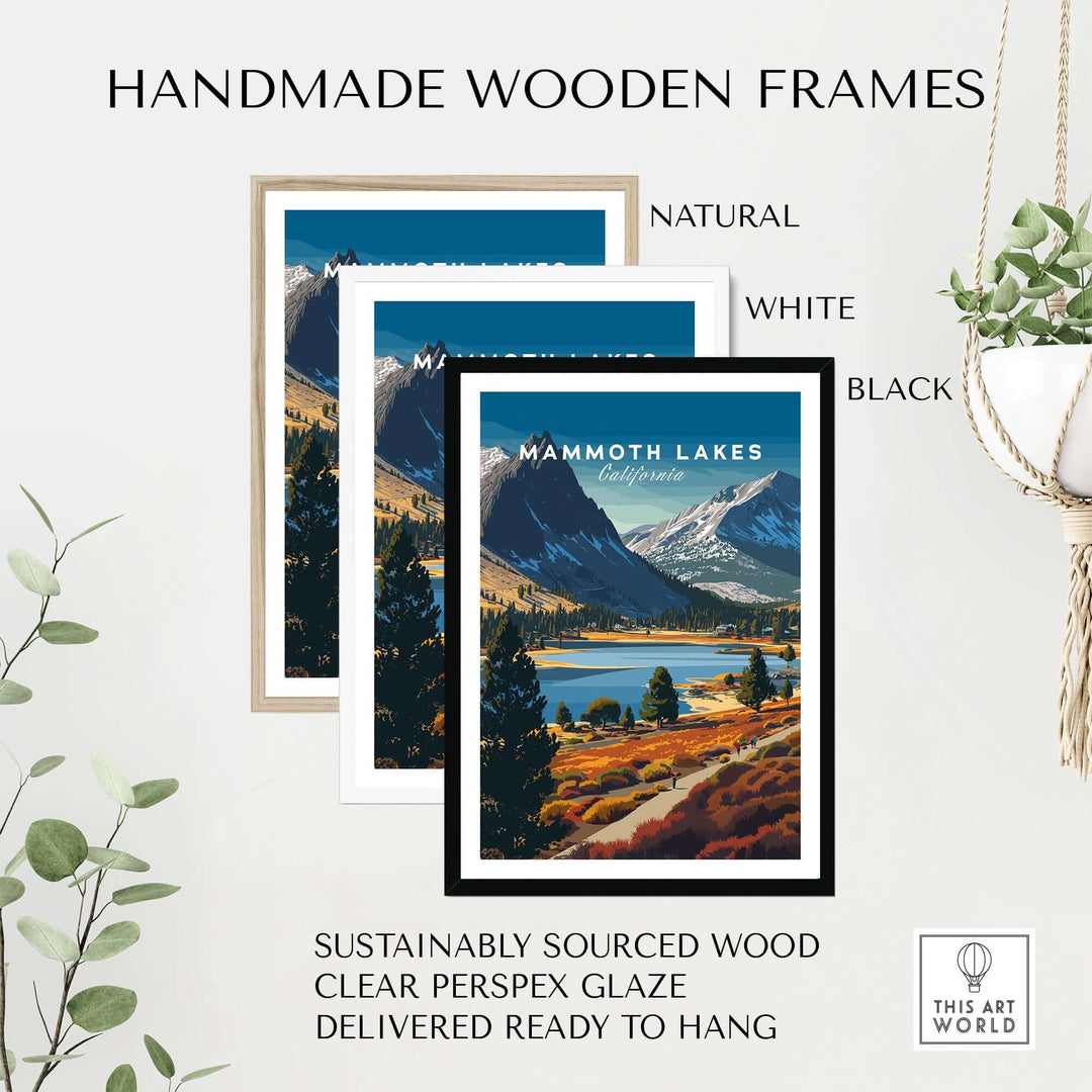 Handmade wooden frames in natural, white, and black for Mammoth Lakes California print, sustainably sourced and ready to hang.