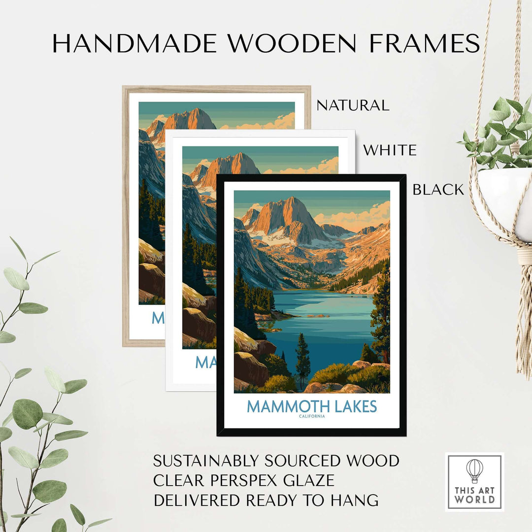 Handmade wooden frames for Mammoth Lakes print in natural, white, and black styles, featuring sustainable wood and clear glaze.
