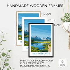 Mammoth Lakes Wall Art California Travel Print displayed in handmade wooden frames, featuring natural, white, and black options.