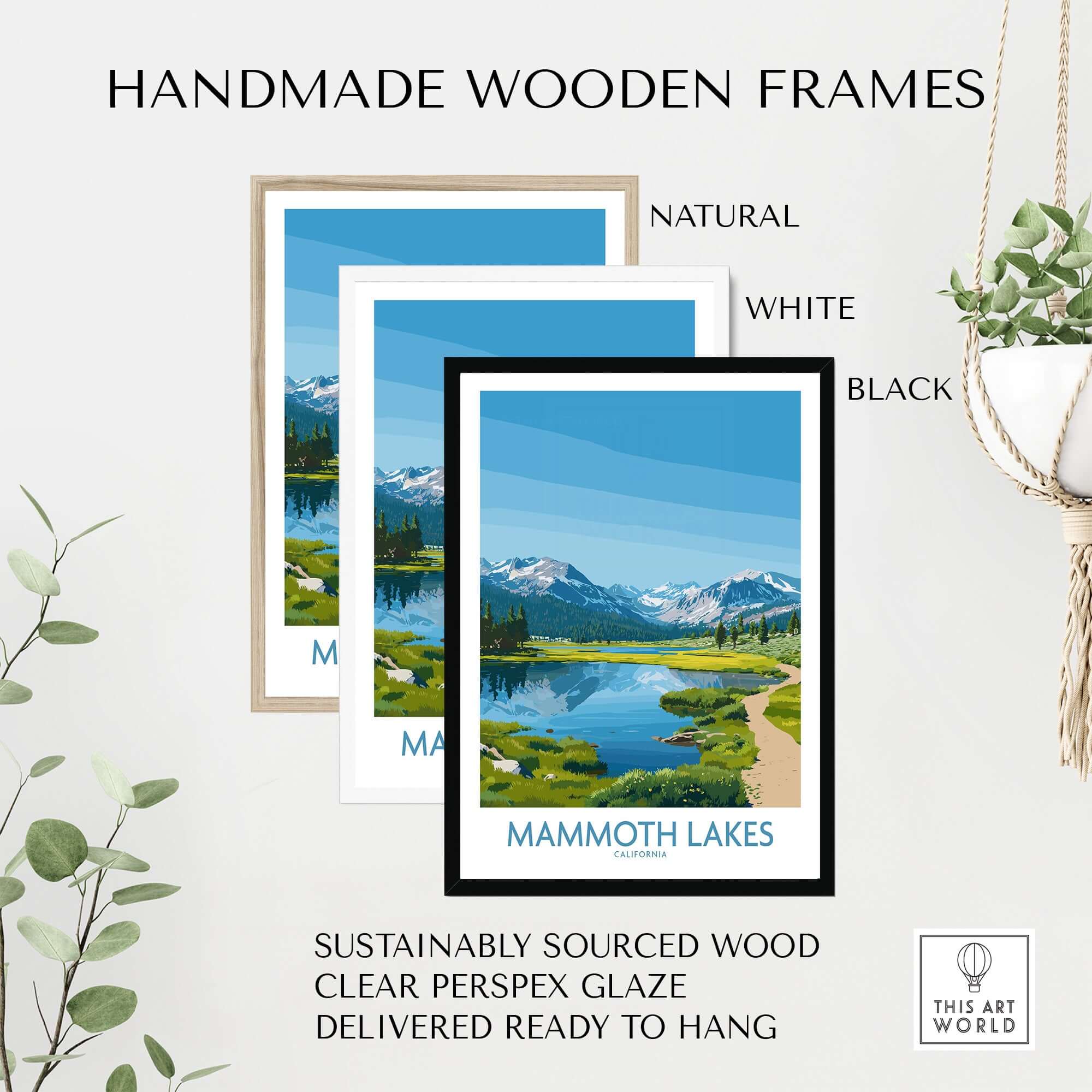 Mammoth Lakes Wall Art California Travel Print displayed in handmade wooden frames, featuring natural, white, and black options.