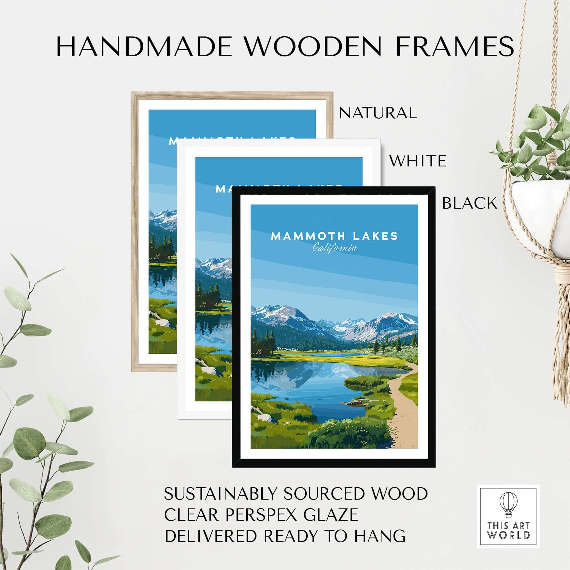 Handmade wooden frames for Mammoth Lakes California Scenic Print - Serene Mountain Landscape Poster showcase natural, white, and black options.