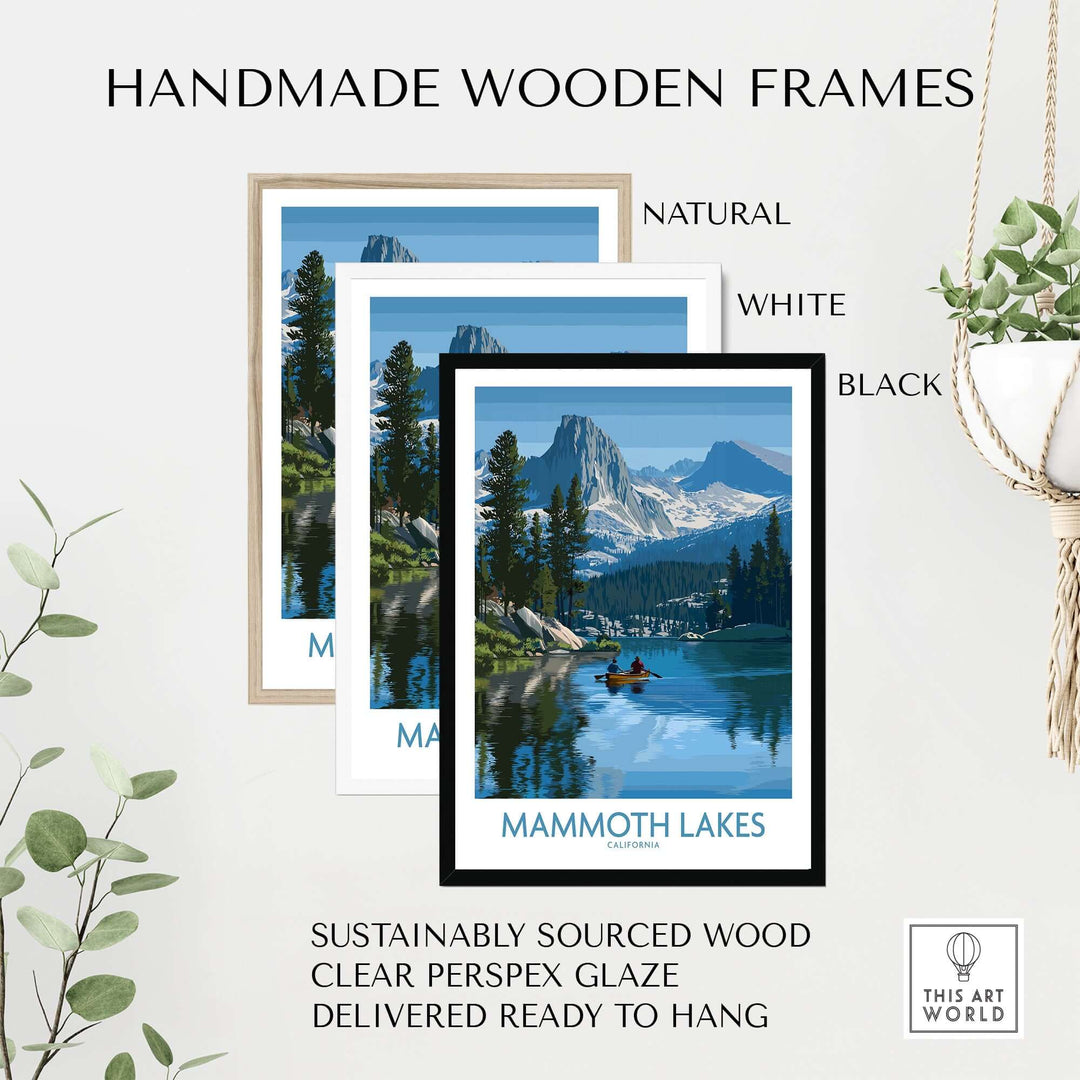 Handmade wooden frames for Mammoth Lakes wall art, featuring natural, white, and black options, showcasing serene California scenery.