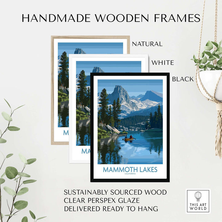Handmade wooden frames for Mammoth Lakes wall art, featuring natural, white, and black options, showcasing serene California scenery.