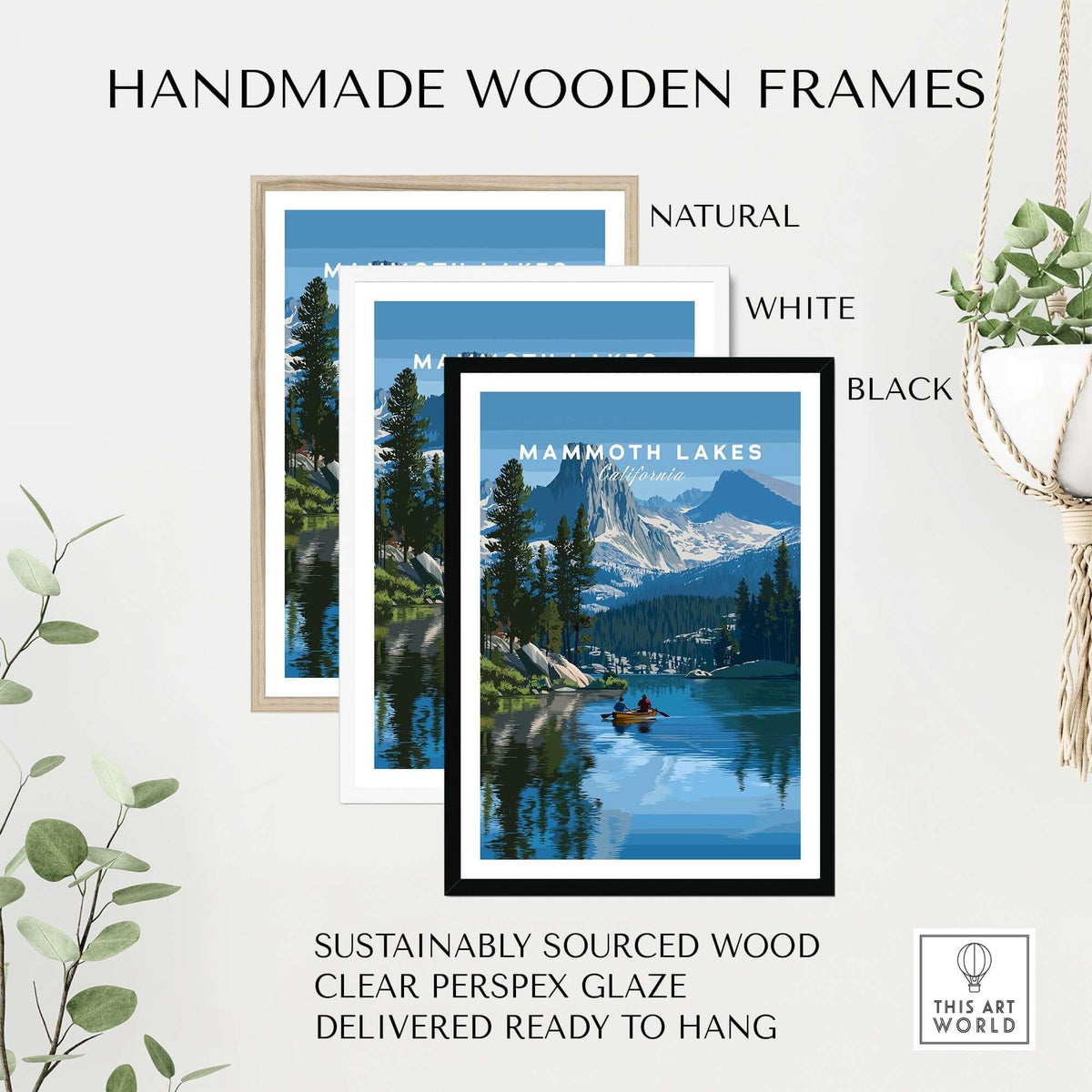 Handmade wooden frames for Mammoth Lakes - Mountain Adventure Wall Art in natural, white, and black options.