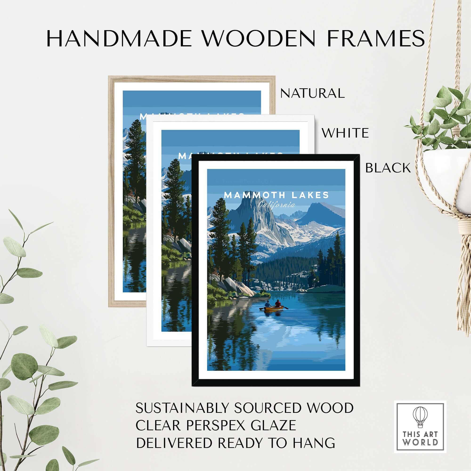 Handmade wooden frames for Mammoth Lakes - Mountain Adventure Wall Art in natural, white, and black options.
