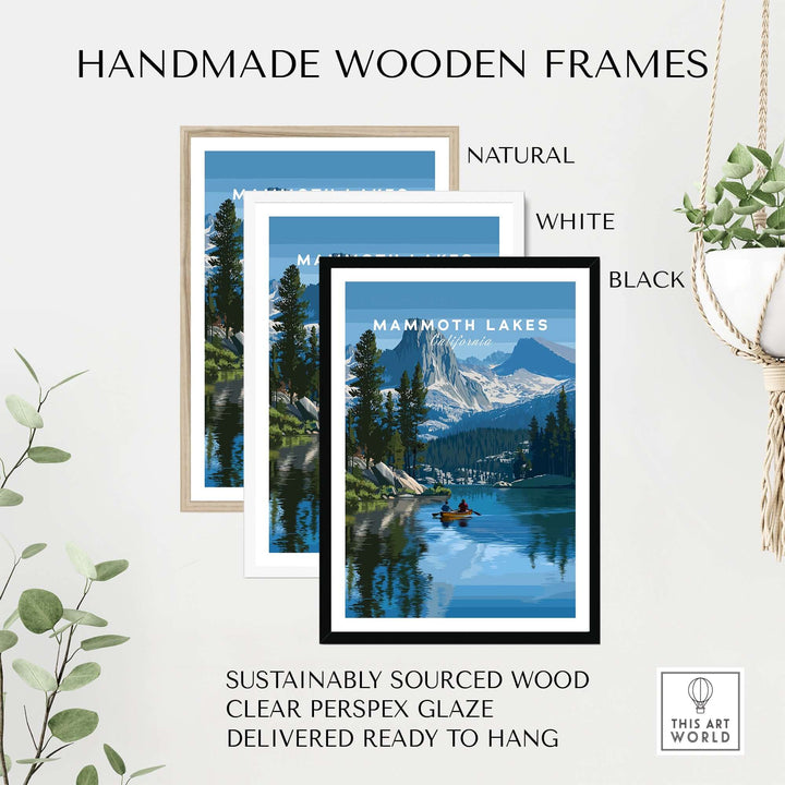 Handmade wooden frames in natural, white, and black for Mammoth Lakes wall art, showcasing sustainable design.