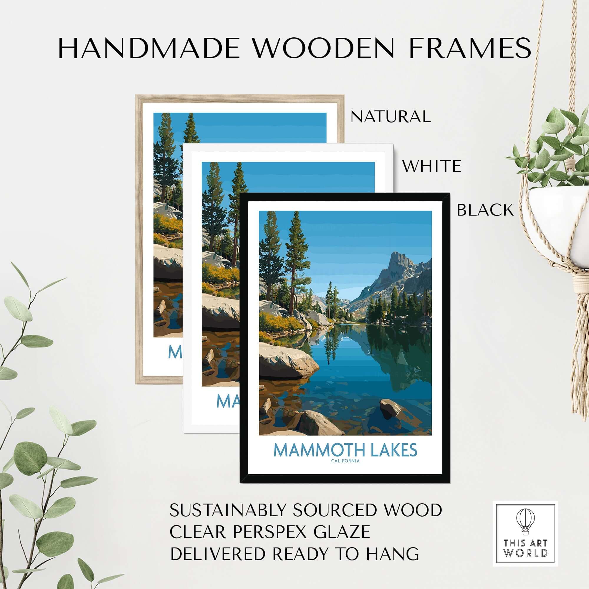 Mammoth Lakes California Wall Art - California Print showcased in handmade wooden frames of natural, white, and black colors.