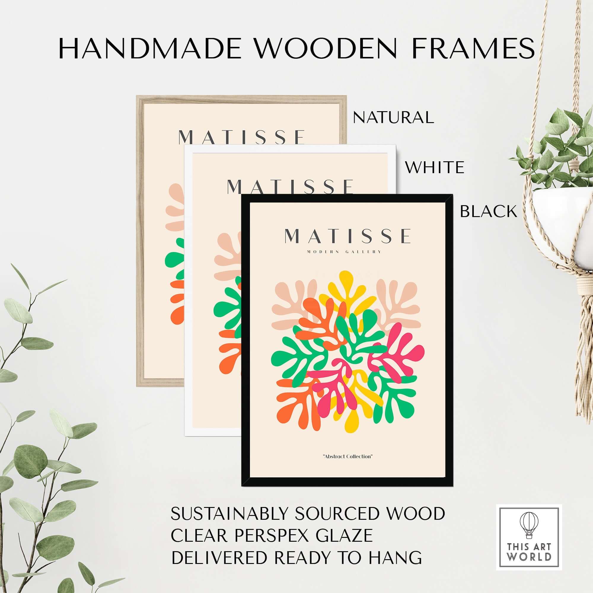 Matisse Art Prints - Interlocking Colorful Leaves Abstract Print displayed in handmade wooden frames in natural, white, and black colors.