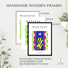 Matisse Art Prints - Jazz Abstract Star Hand Waves Poster framed in handmade wooden frames in natural, white, and black.