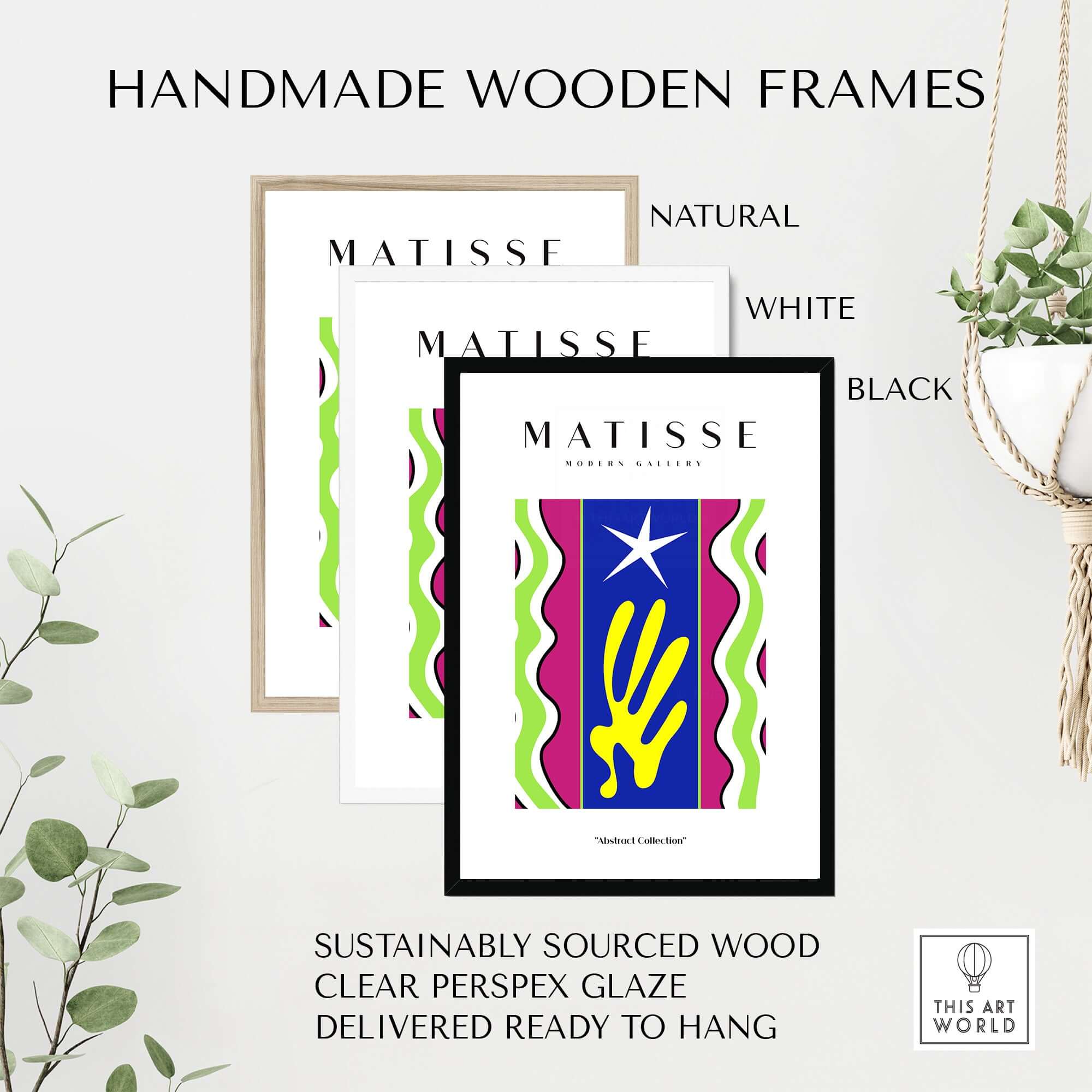 Matisse Art Prints - Jazz Abstract Star Hand Waves Poster framed in handmade wooden frames in natural, white, and black.