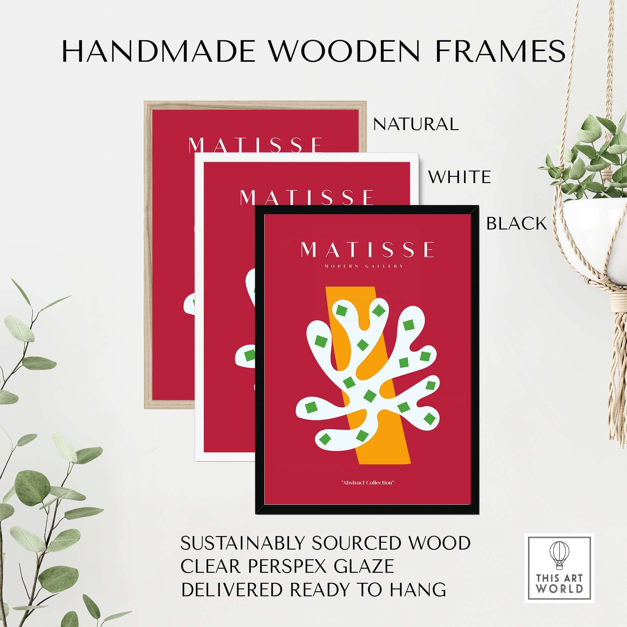 Matisse Art Prints - White Coral Abstract Green Diamonds Print displayed in handmade wooden frames in natural, white, and black.