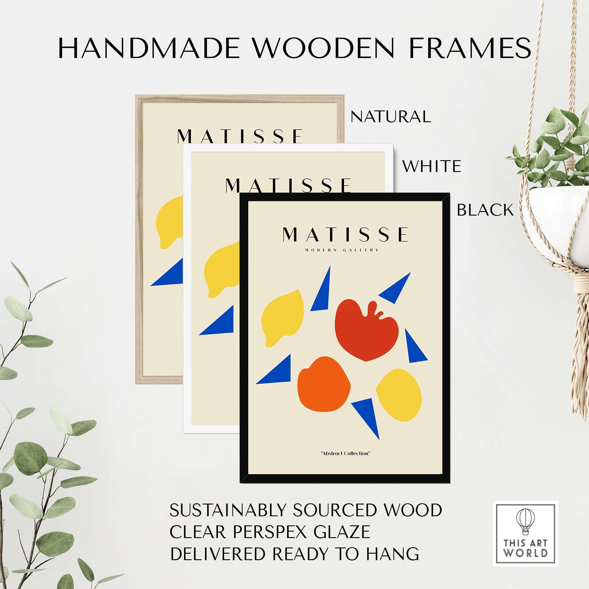Matisse Art Prints - Abstract Fruit Shapes Blue Triangles Poster displayed in handmade wooden frames with natural, white, and black options.