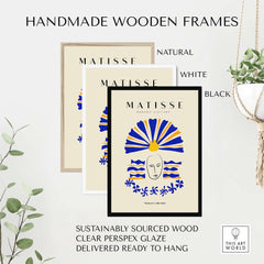 Matisse Art Prints -  Blue & Yellow Abstract Face displayed in handmade wooden frames in natural, white, and black.