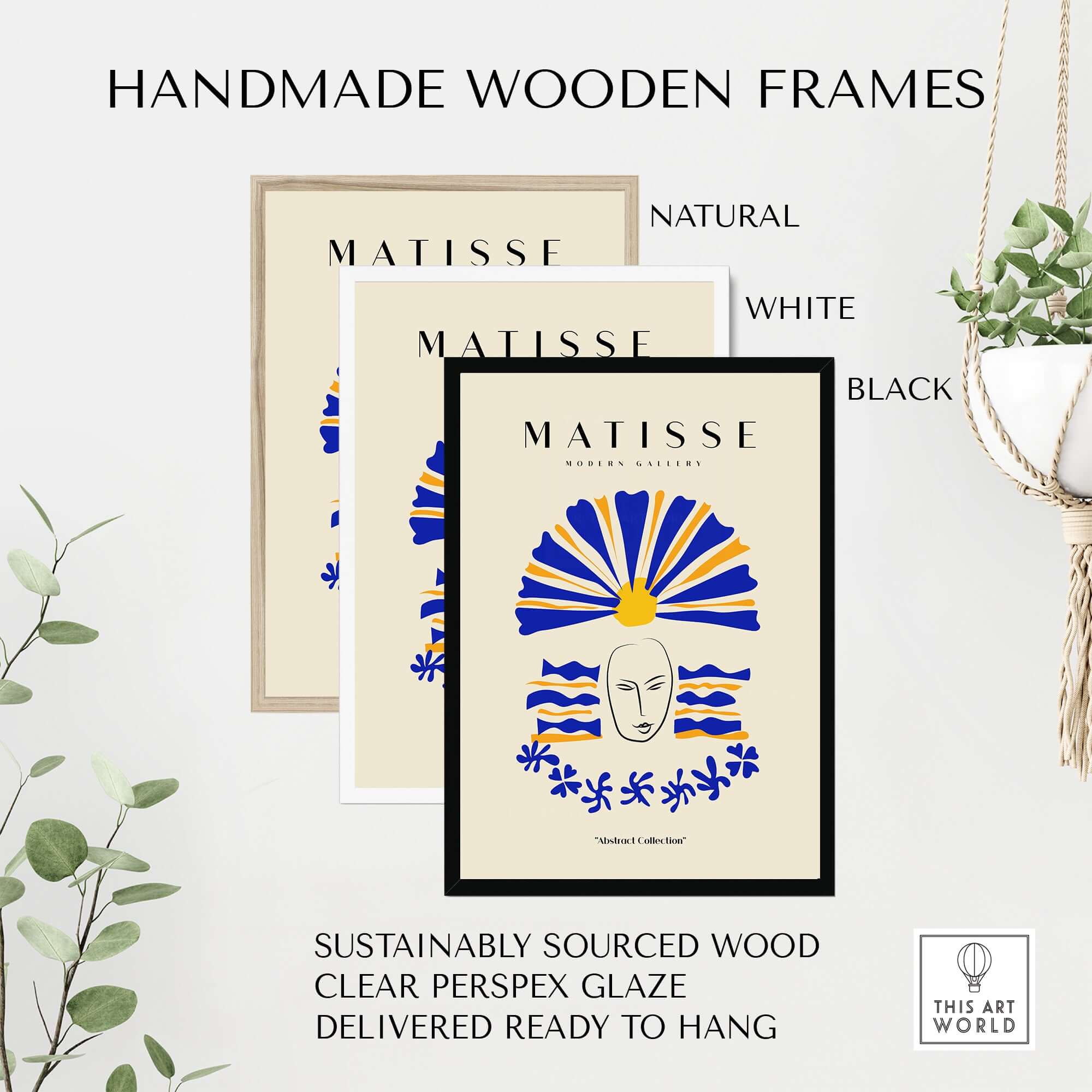 Matisse Art Prints -  Blue & Yellow Abstract Face displayed in handmade wooden frames in natural, white, and black.