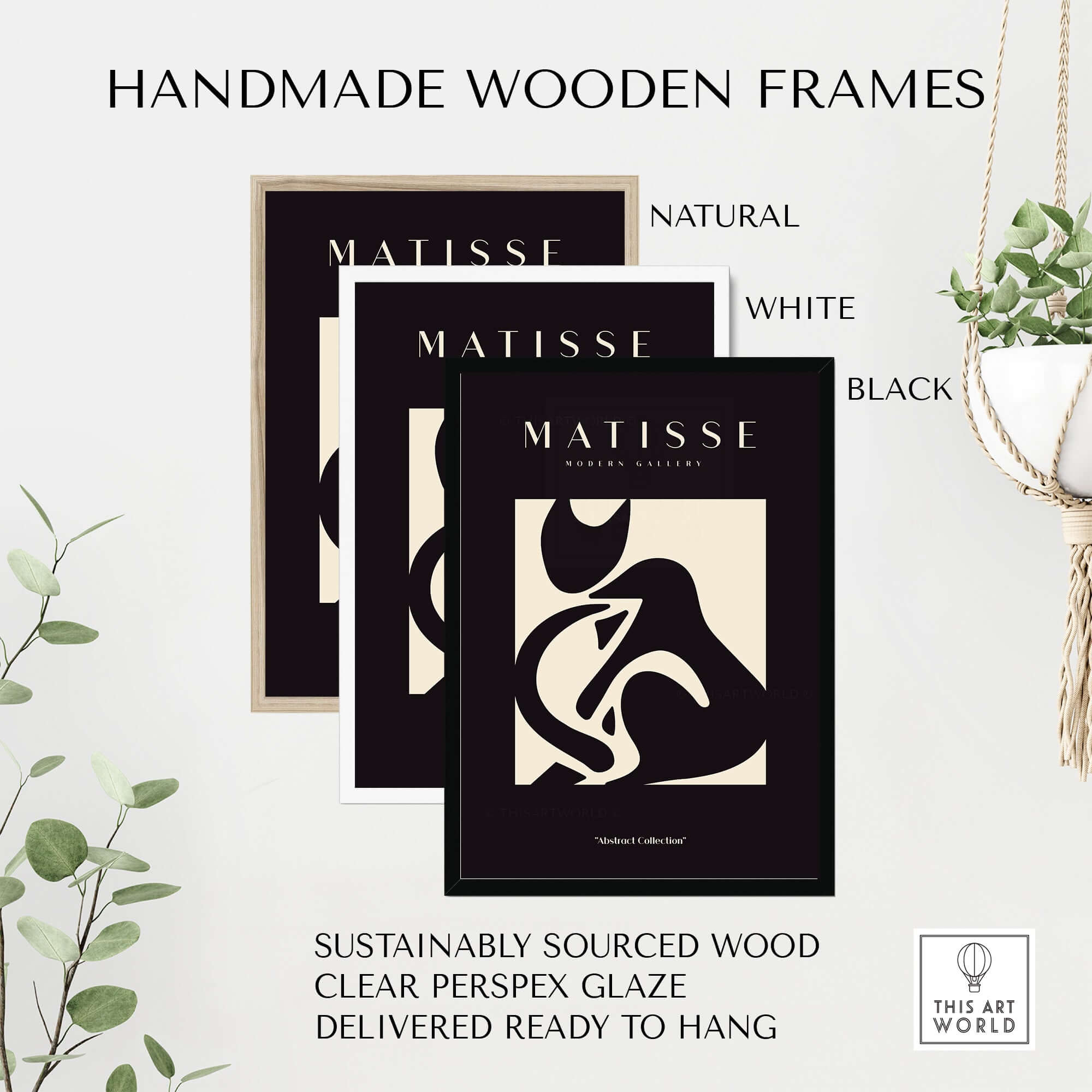 Matisse Art Prints - Black Beige Abstract Composition Poster framed in handmade wooden frames in natural, white, and black.