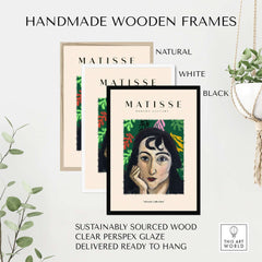 Matisse Art Prints - Pensive Woman Poster framed in handmade wooden frames in natural, white, and black colors.
