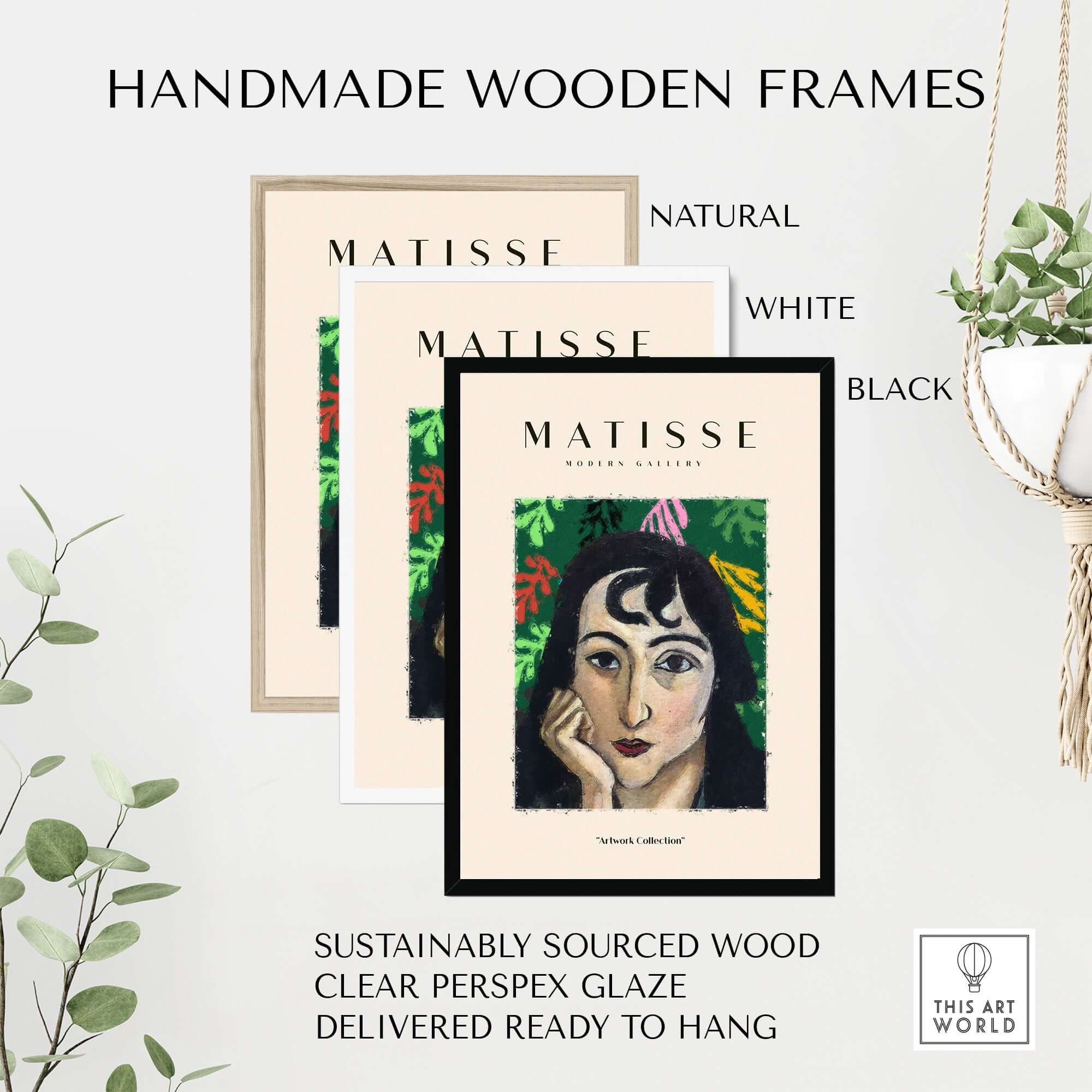 Matisse Art Prints - Pensive Woman Poster framed in handmade wooden frames in natural, white, and black colors.