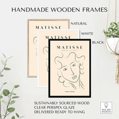 Matisse Art Prints -  Line Art Ladies Face with Wavy Hair Minimalist Poster in handmade wooden frames