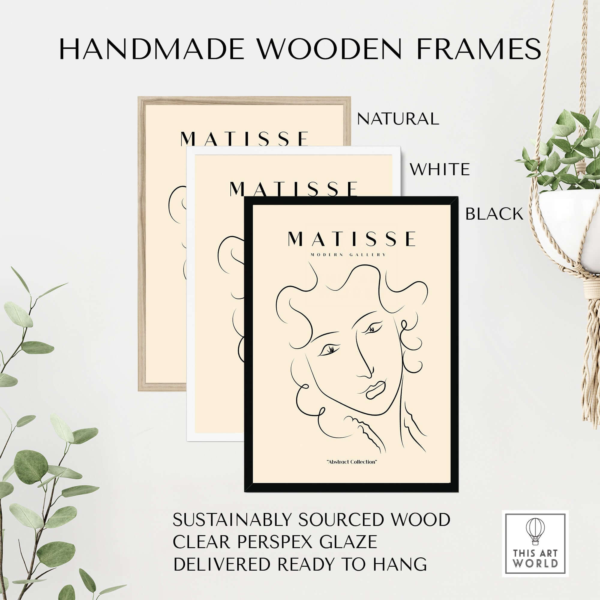 Matisse Art Prints -  Line Art Ladies Face with Wavy Hair Minimalist Poster in handmade wooden frames