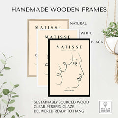 Matisse Art Prints -  Line Art of a Lady's Face Poster showcased in handmade wooden frames: natural, white, and black.