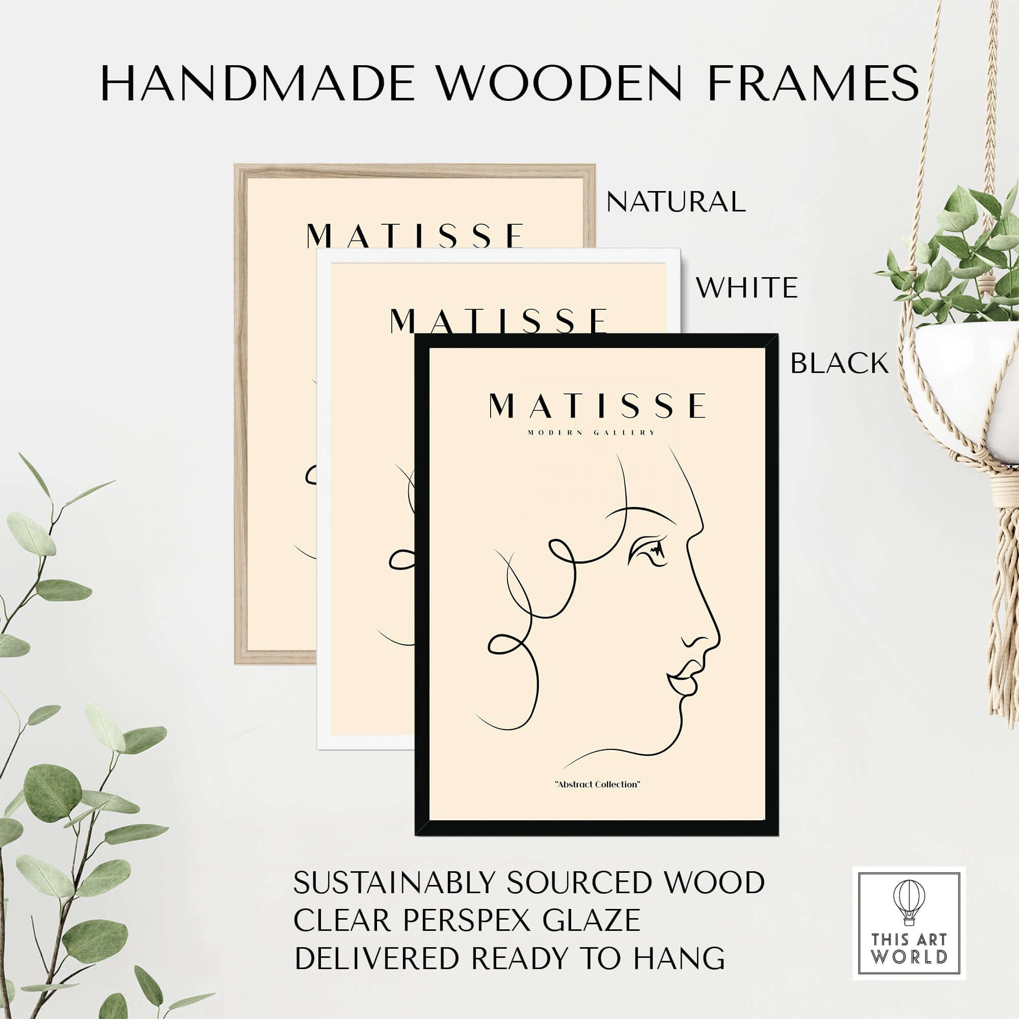 Matisse Art Prints -  Line Art of a Lady's Face Poster showcased in handmade wooden frames: natural, white, and black.