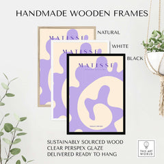 Matisse Art Prints -   Lavender Abstract Fluid Organic Shape Poster showcased in handmade wooden frames available in natural, white, and black.