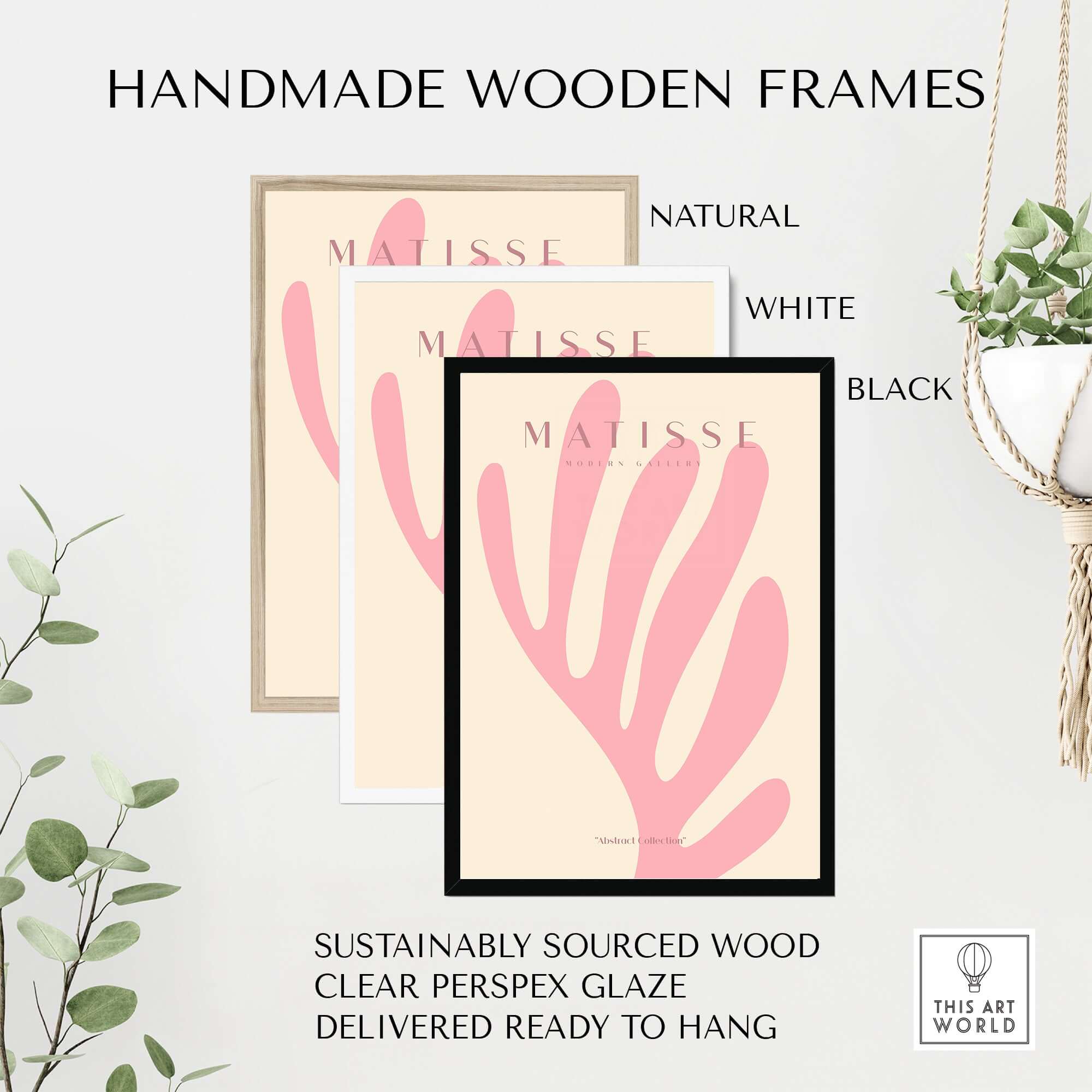 Handmade wooden frames for Matisse Art Prints - Pink Coral Leaf Abstract Botanical Poster in natural, white, and black.