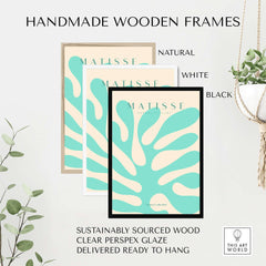 Matisse Art Prints - Mint Green Coral Abstract Seaweed Poster in handmade wooden frames, showcasing natural, white, and black options.