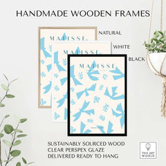Matisse Art Prints -Blue Abstract Birds Botanical Pattern Poster in handmade wooden frames available in natural, white, and black.