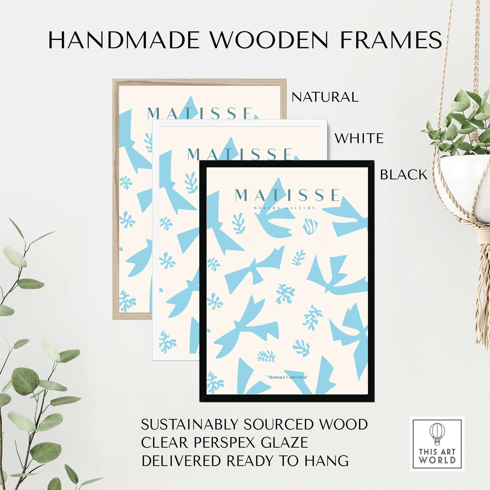 Matisse Art Prints -Blue Abstract Birds Botanical Pattern Poster in handmade wooden frames available in natural, white, and black.