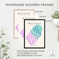 Matisse Art Prints -Teal Pink Abstract Leaves Sun Poster displayed in handmade wooden frames of natural, white, and black finishes.