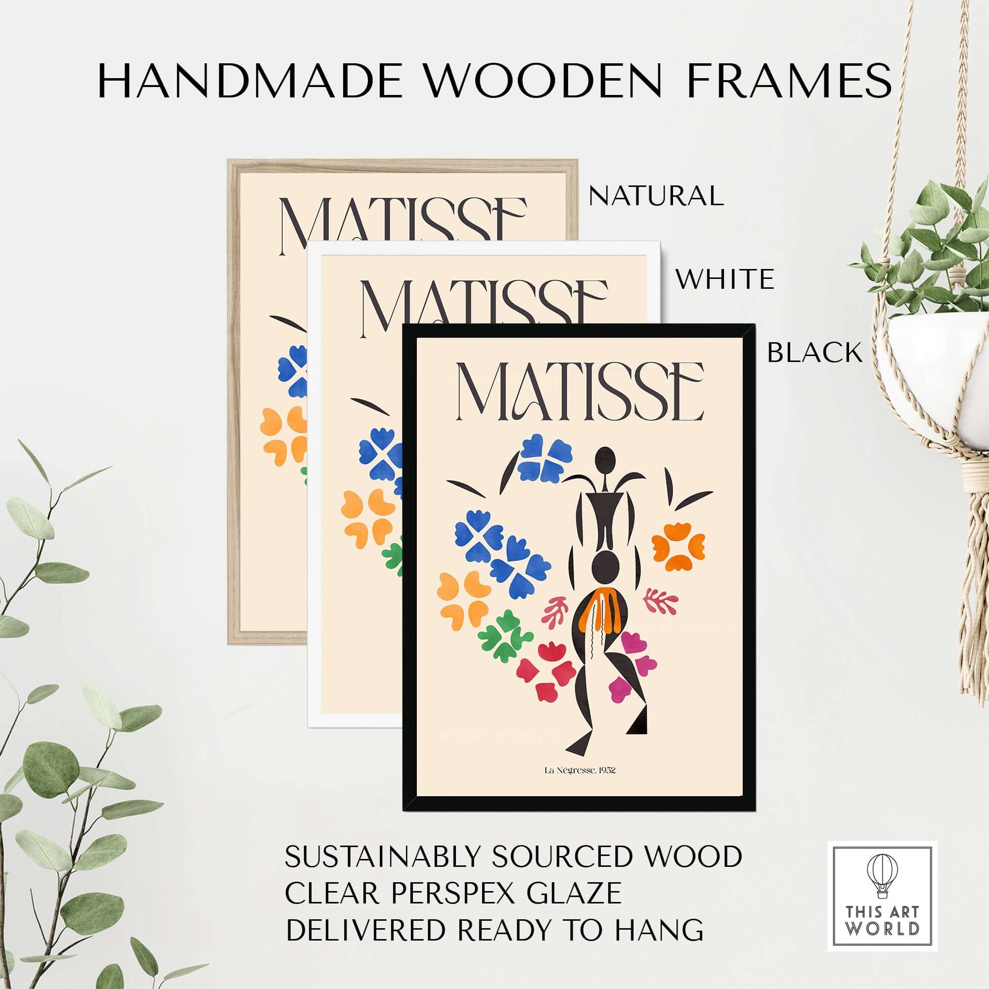 Matisse Art Print - La Négresse 1952 Poster displayed in handmade wooden frames available in natural, white, and black.