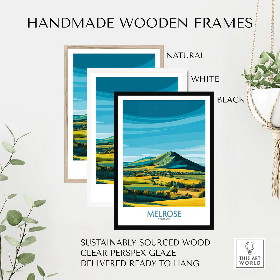 Handmade wooden frames in natural, white, and black styles, featuring Eildon Hills travel print ready to hang.