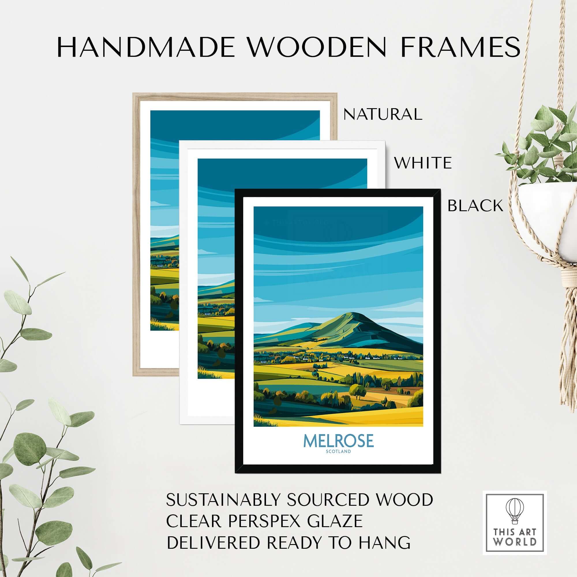 Handmade wooden frames in natural, white, and black for Melrose travel print, made from sustainably sourced wood.