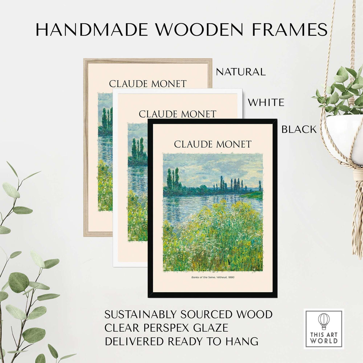 Handmade wooden frames for Claude Monet art prints in natural, white, and black finishes, sustainably sourced wood.