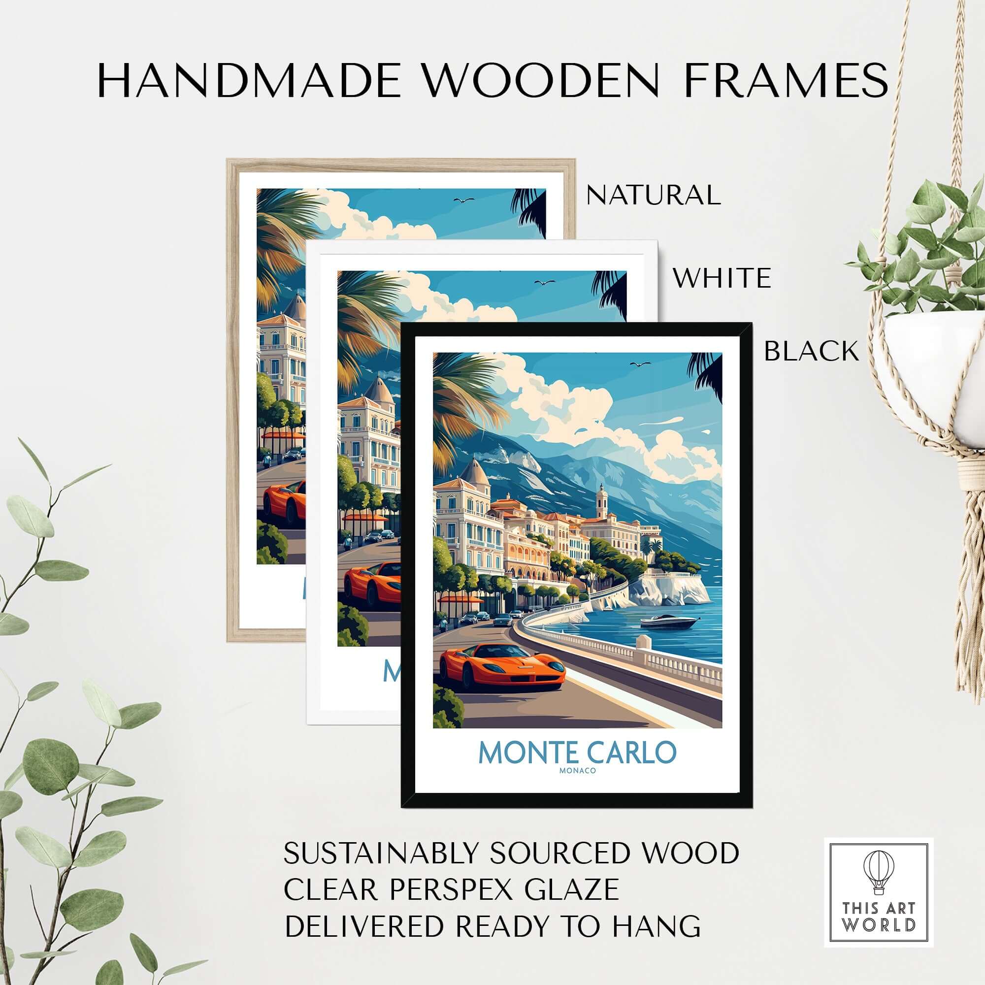 Monte Carlo Wall Art Monaco Travel Poster in handmade wooden frames available in natural, white, and black.