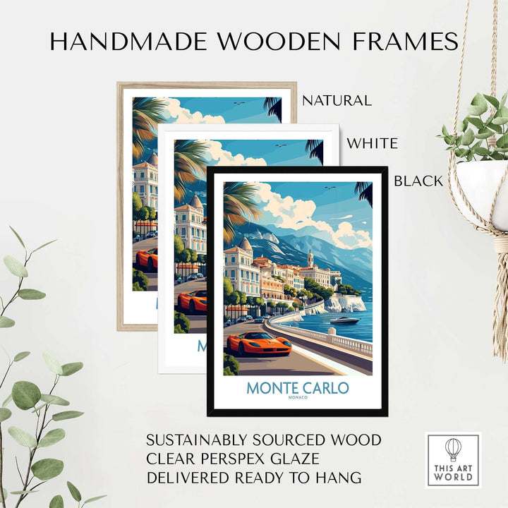 Monte Carlo travel poster in handmade wooden frames - natural, white, black, sustainably sourced wood.