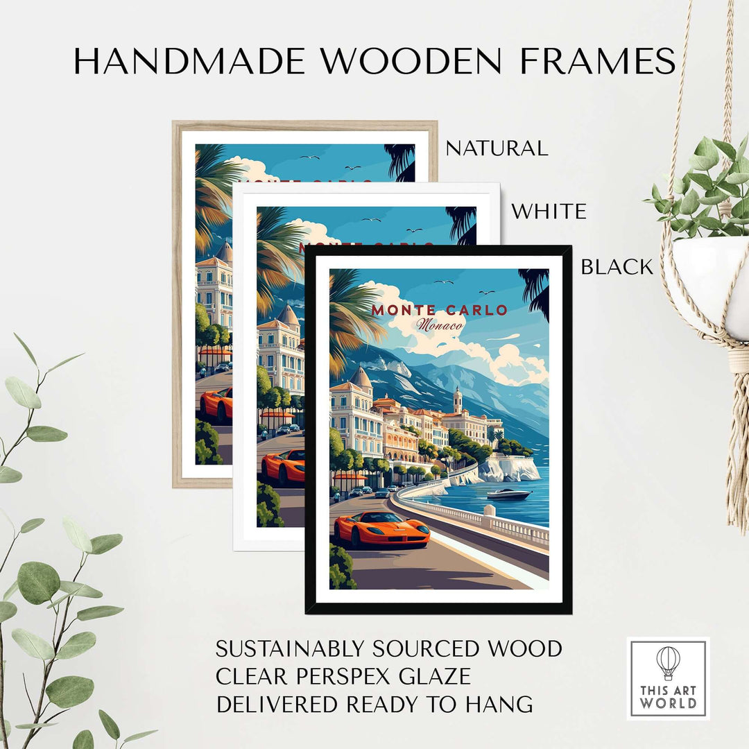 Handmade wooden frames in natural, white, and black for Monte Carlo print travel poster, ready to hang.