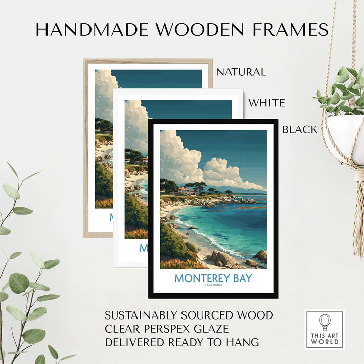 Monterey Bay California travel poster framed in natural, white, and black handmade wooden frames.