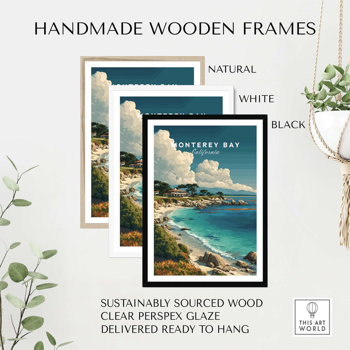 Handmade wooden frames in natural, white, and black for Monterey Bay California coastal print, ready to hang.