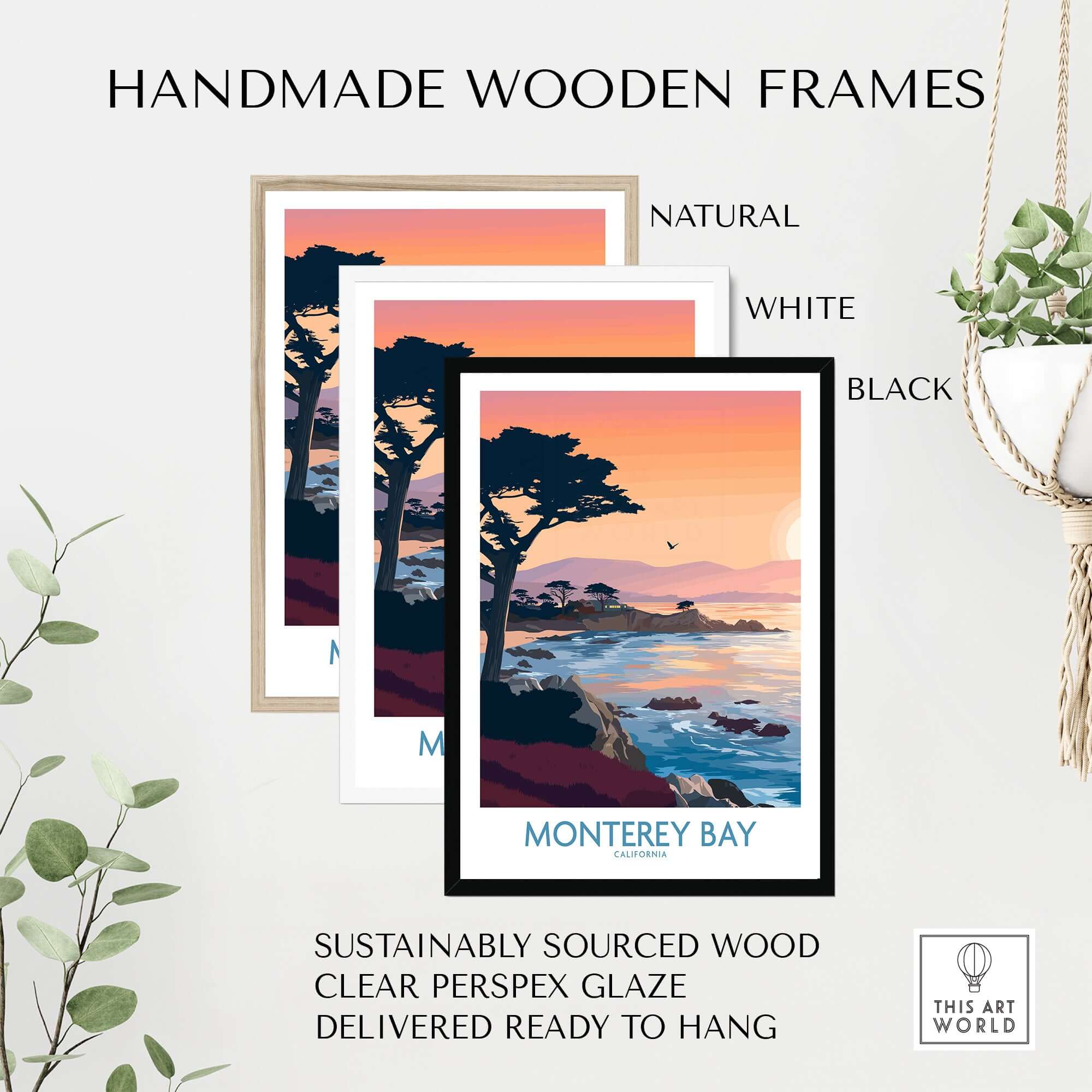 Monterey Bay California Sunset Coastline Poster - Cypress Tree Wall Art framed in natural, white, and black handmade wooden frames.